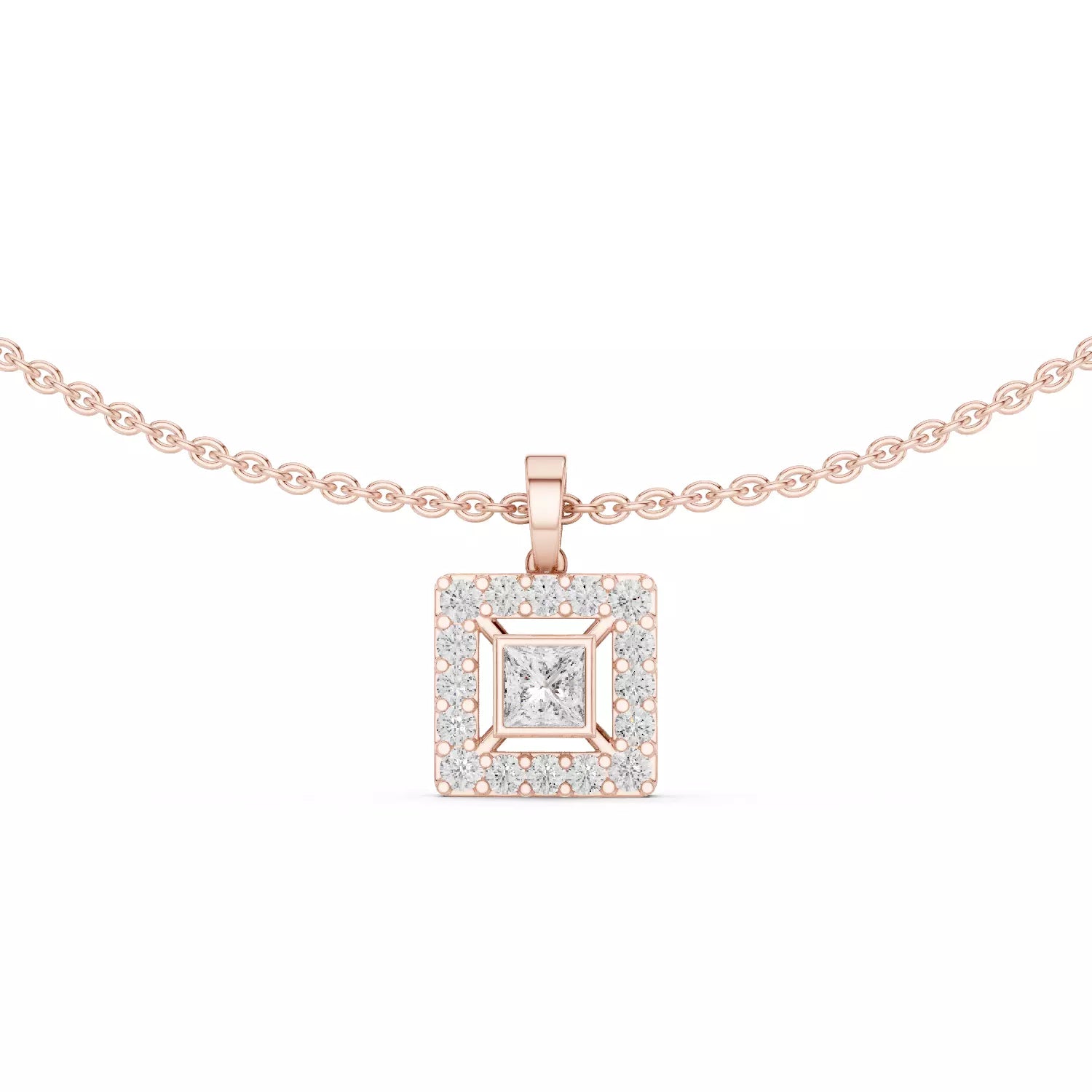 Princess Cut Diamond Halo Pendant Necklace
