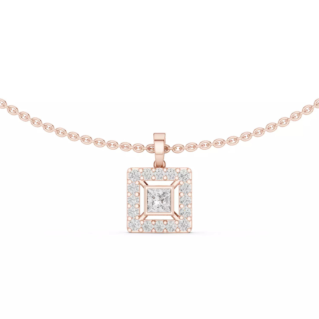 Princess Cut Diamond Halo Pendant Necklace