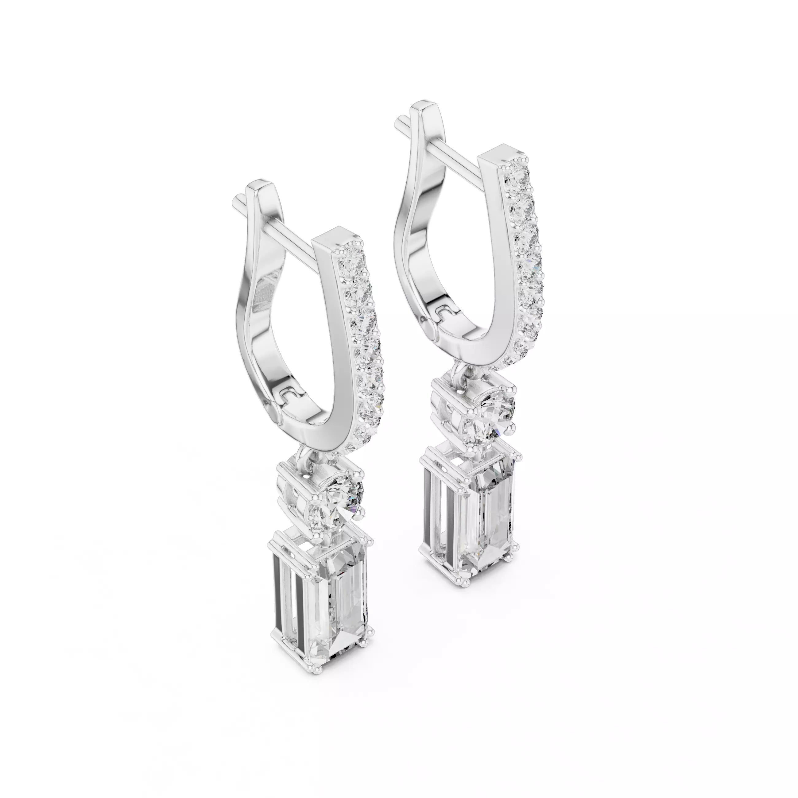 Emerald Cut Diamond Drop Earrings with Pave Hoops
