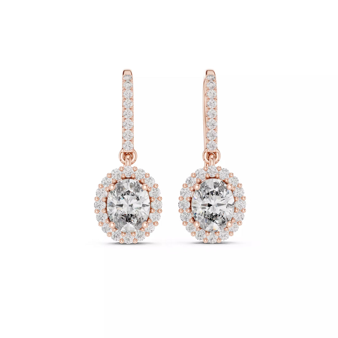 Oval cut Diamond Halo Drop Earrings with Elegant Hook