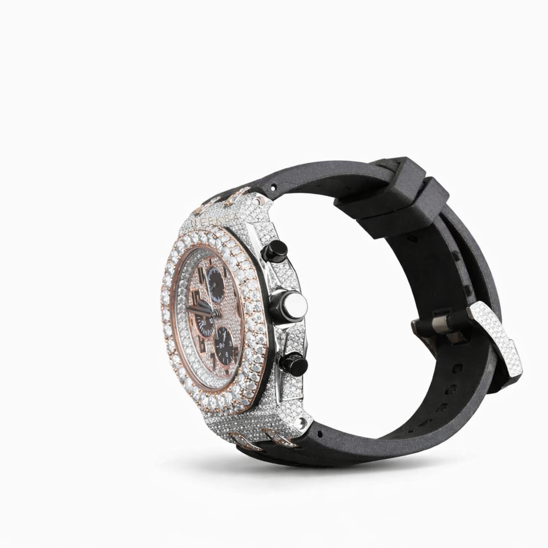 Moissanite Diamond Chronograph Black Belt Strap Rose Gold, Gold Dial Watch