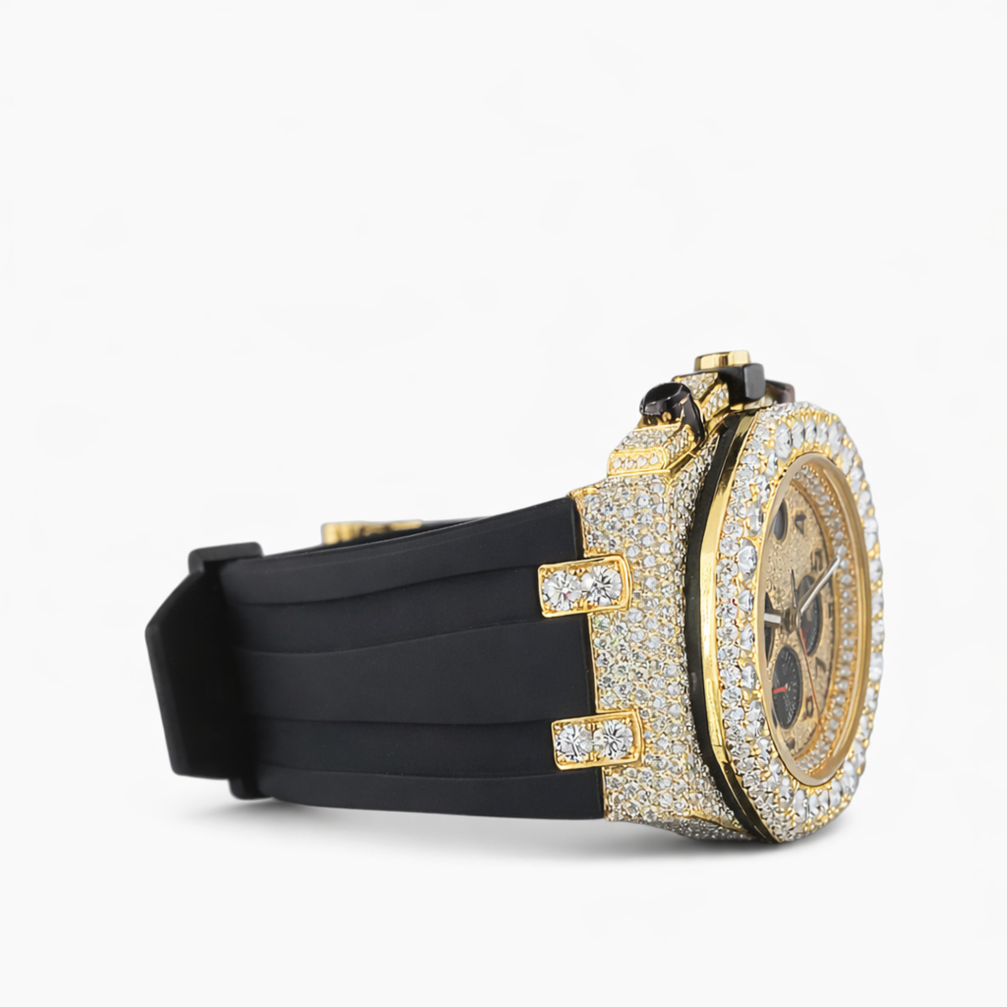 Moissanite Diamond Chronograph Black Belt Strap Rose Gold, Gold Dial Watch
