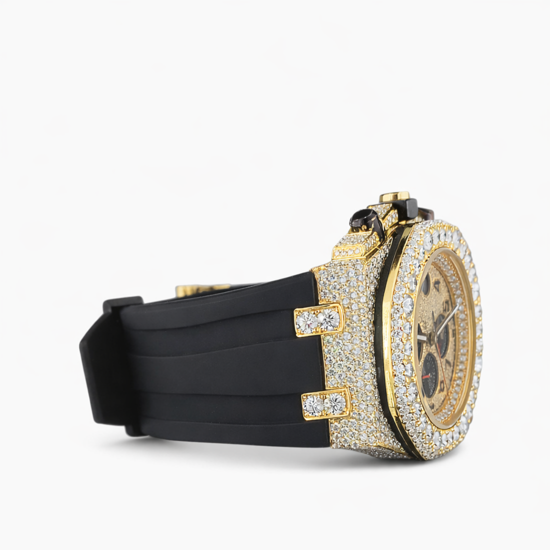 Moissanite Diamond Chronograph Black Belt Strap Rose Gold, Gold Dial Watch