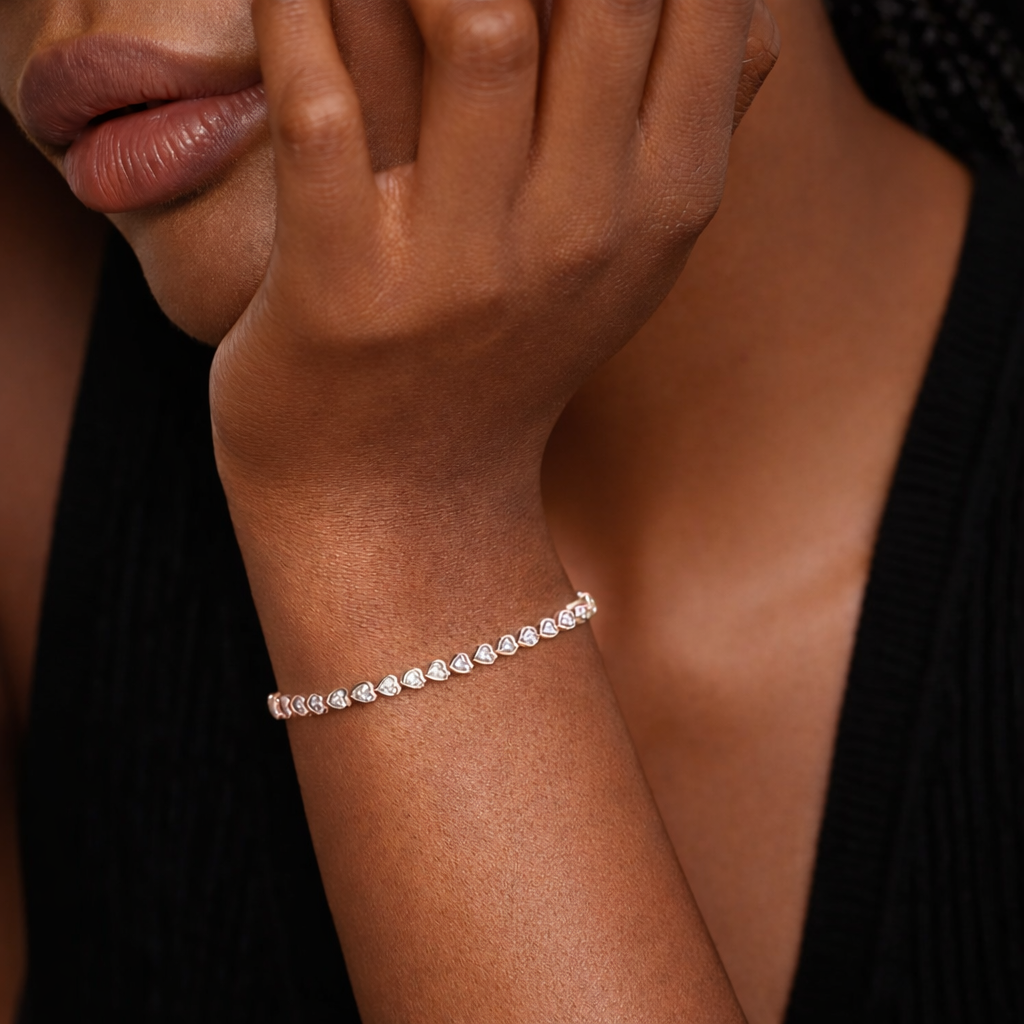 Heart Shape Diamond Bezel Set Tennis Bracelet For Women