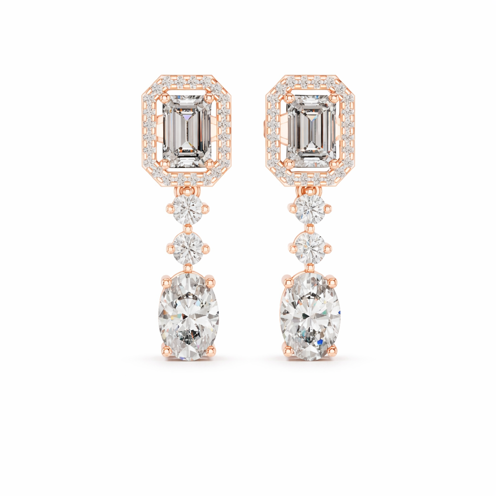 Emerald and Oval Diamond Drop Statement Earrings