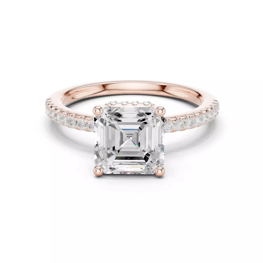 Asscher cut Diamond Engagement Ring Hidden Halo Pave Band