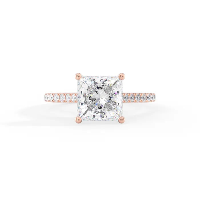 Princess Cut Diamond Cathedral Ring with Hidden Halo Pave Band