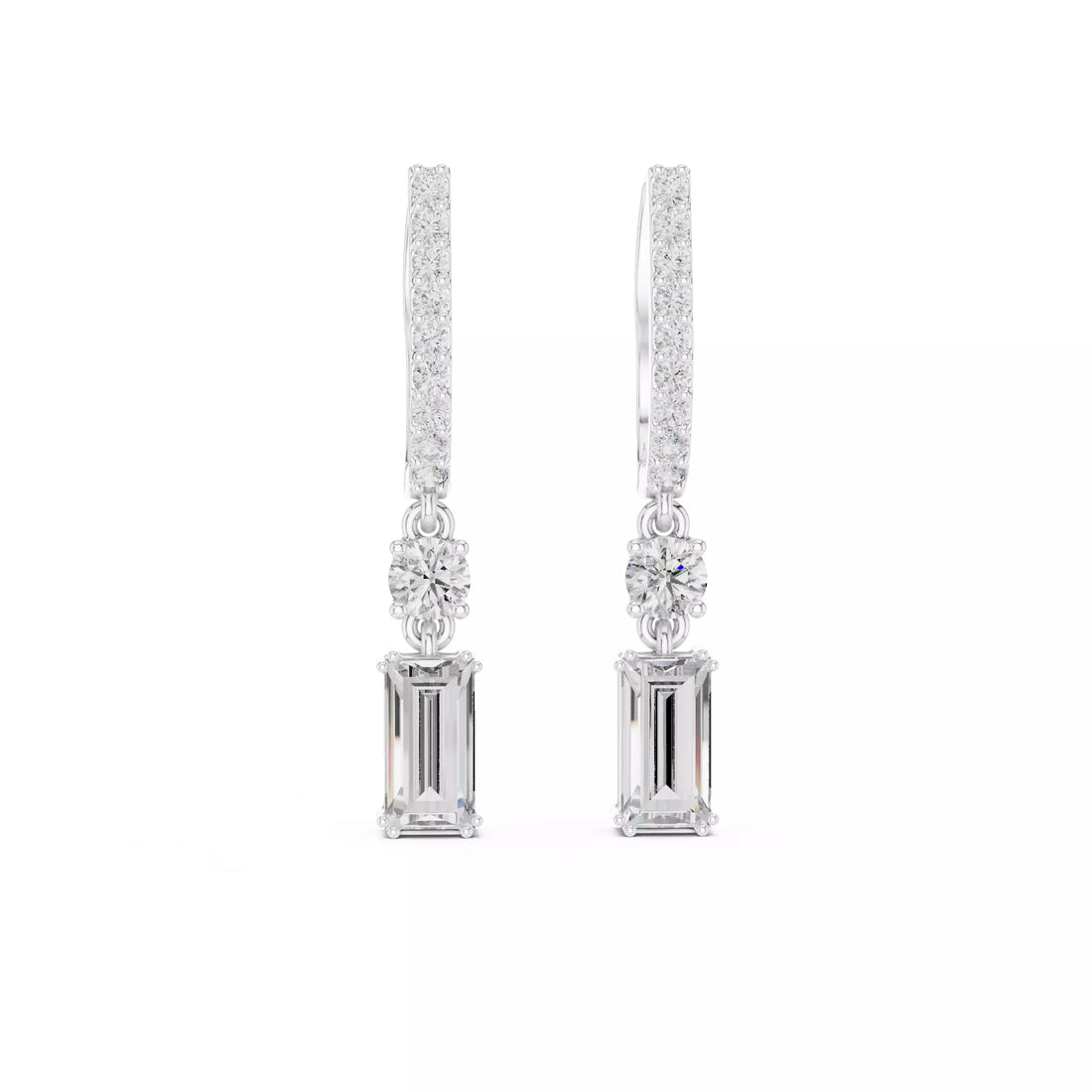 Emerald Cut Diamond Drop Earrings with Pave Hoops