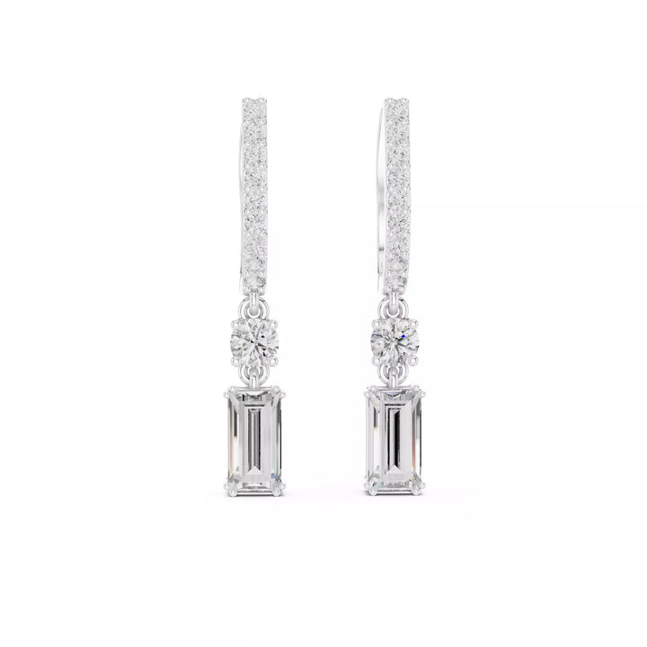 Emerald Cut Diamond Drop Earrings with Pave Hoops