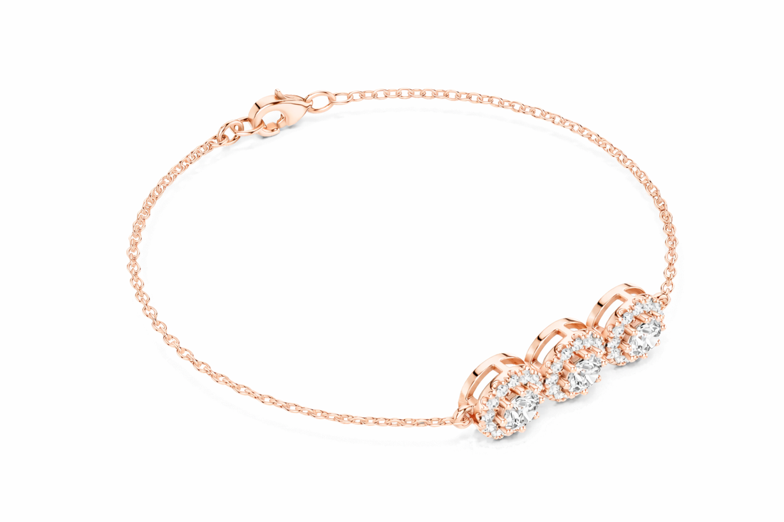 Three Stone Diamond Halo Chain Bracelet