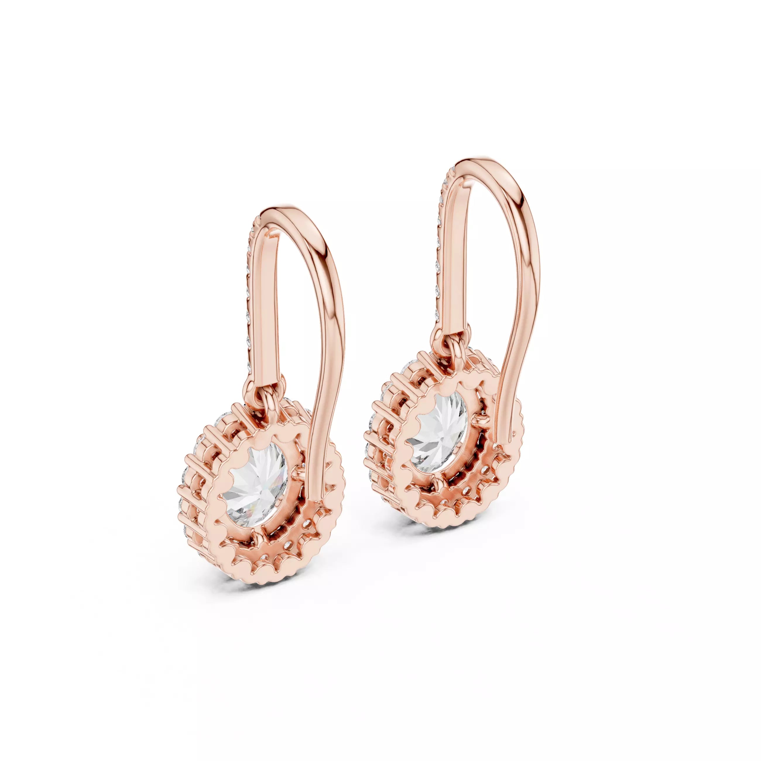 Oval cut Diamond Halo Drop Earrings with Elegant Hook