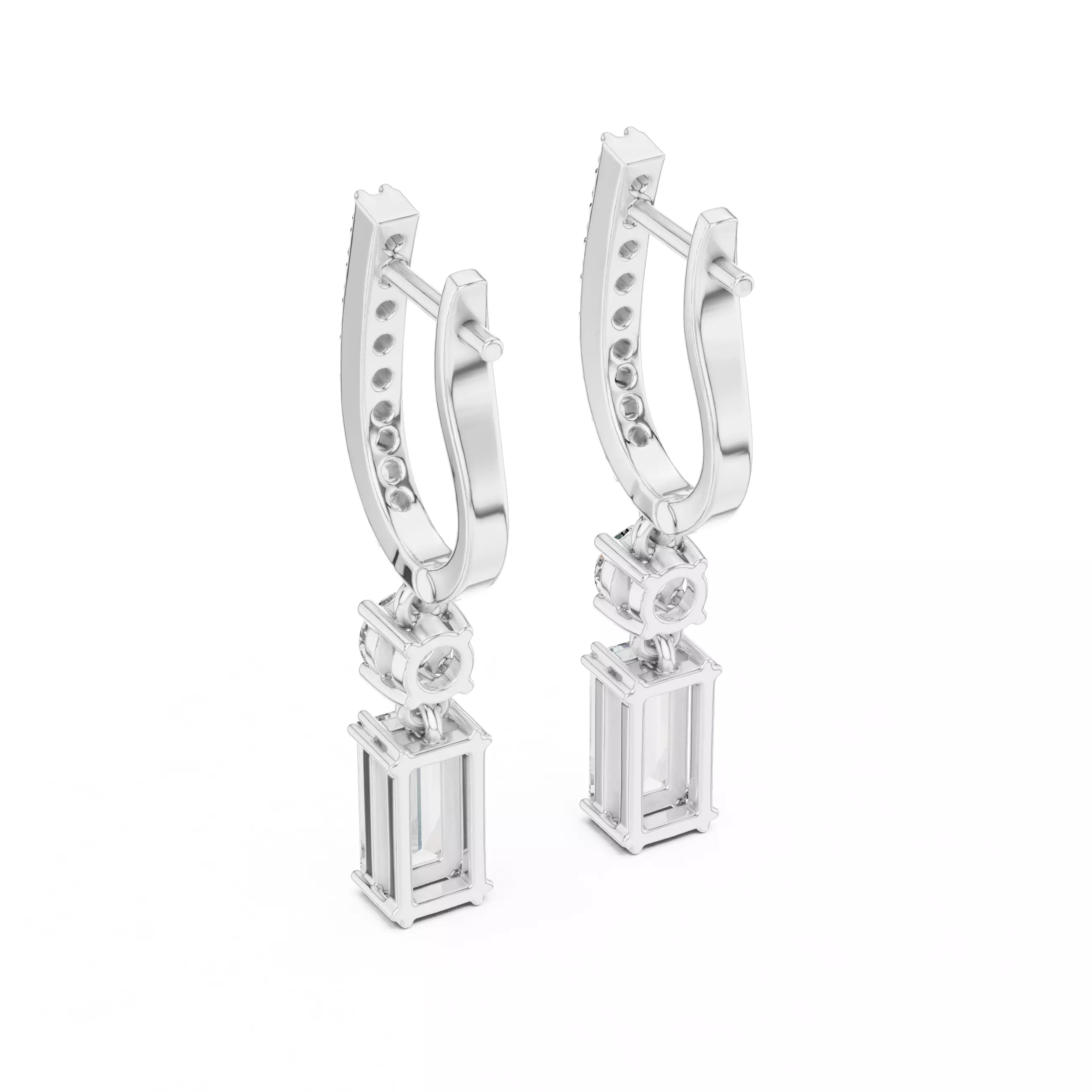 Emerald Cut Diamond Drop Earrings with Pave Hoops