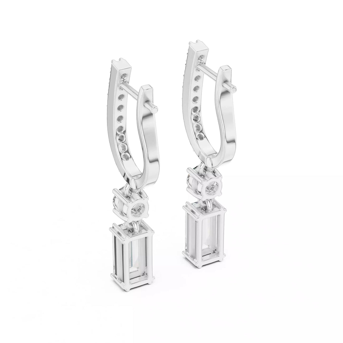 Emerald Cut Diamond Drop Earrings with Pave Hoops