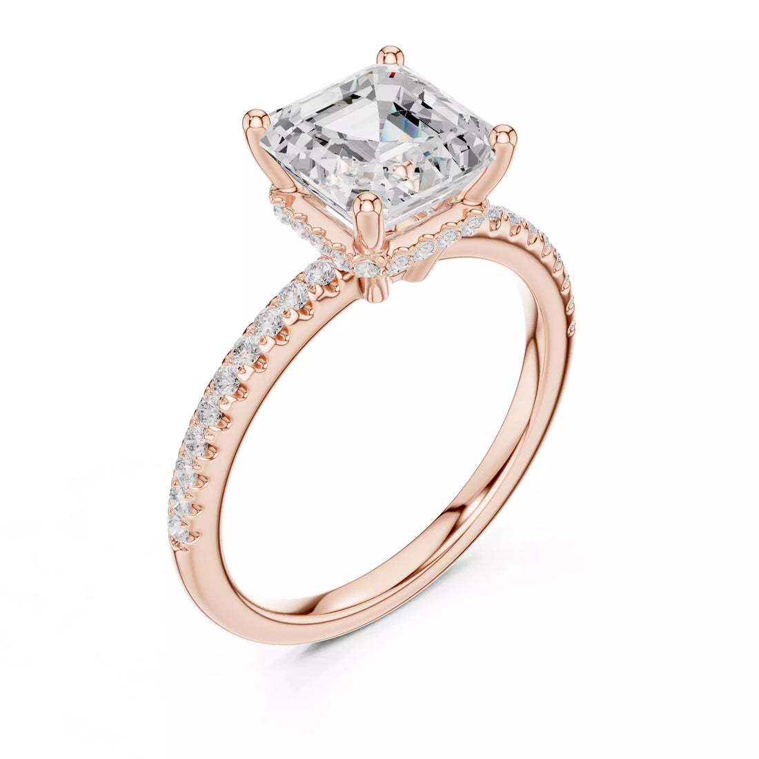 Asscher cut Diamond Engagement Ring Hidden Halo Pave Band