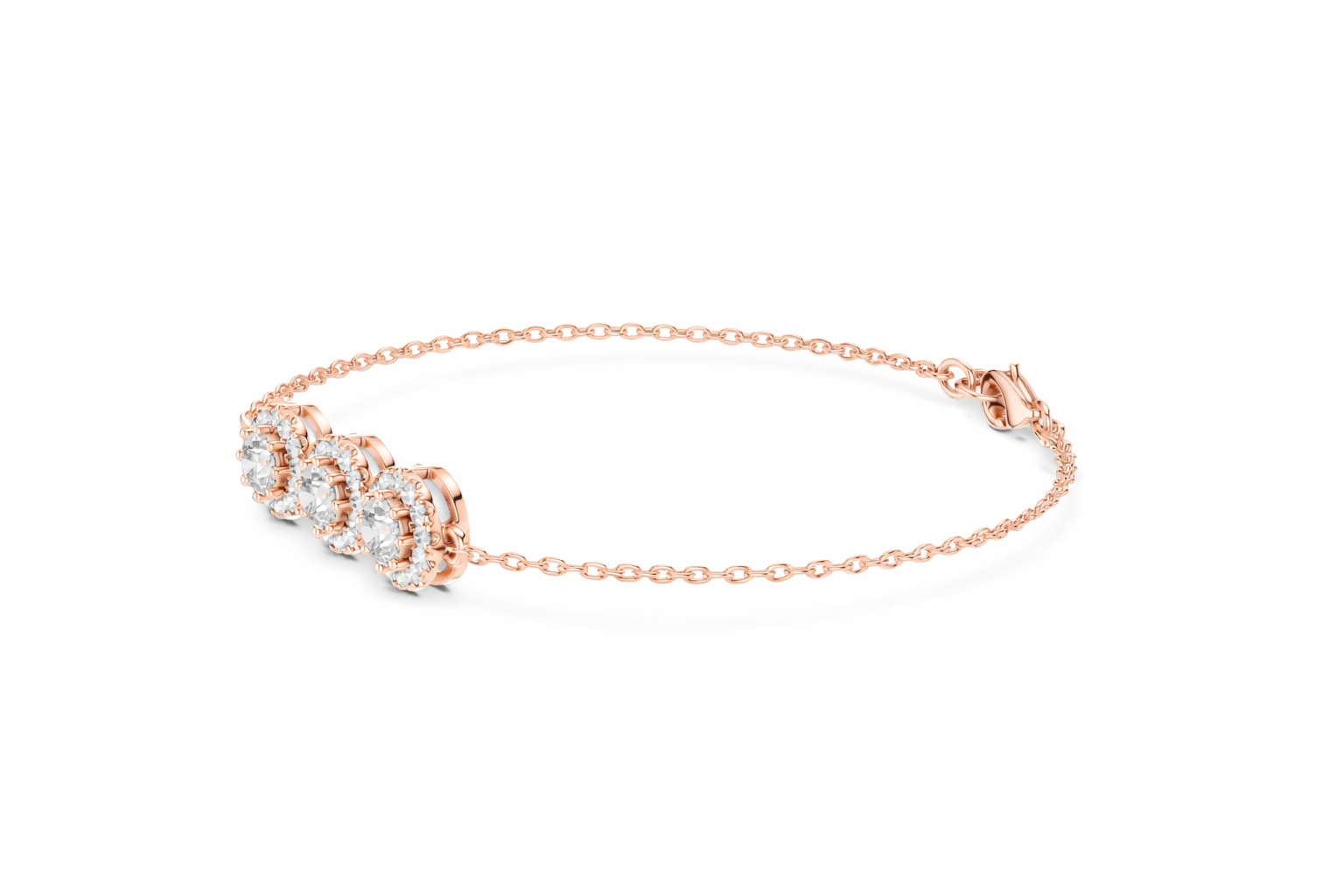 Three Stone Diamond Halo Chain Bracelet