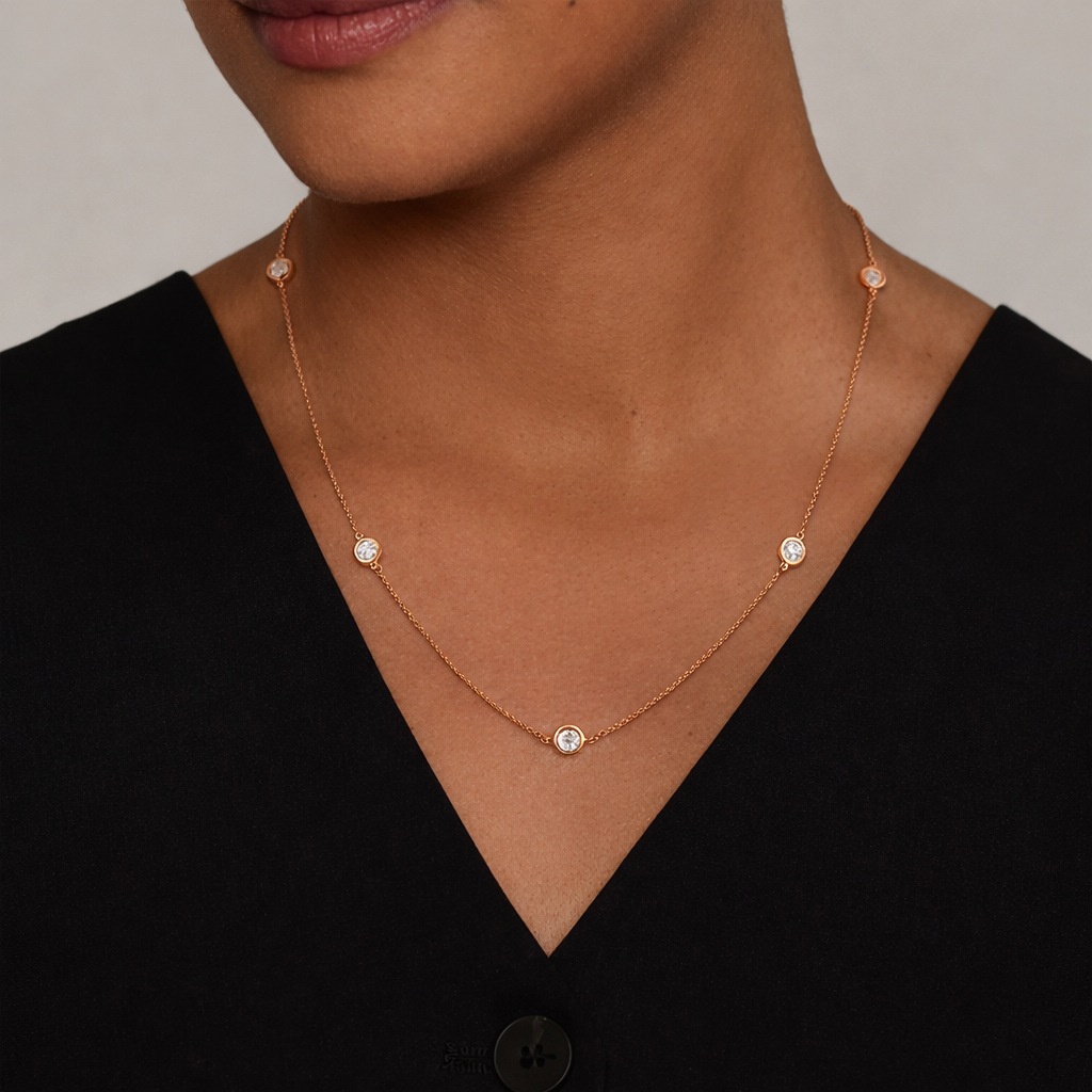 Round Cut Bezel Set Diamond Station Necklace