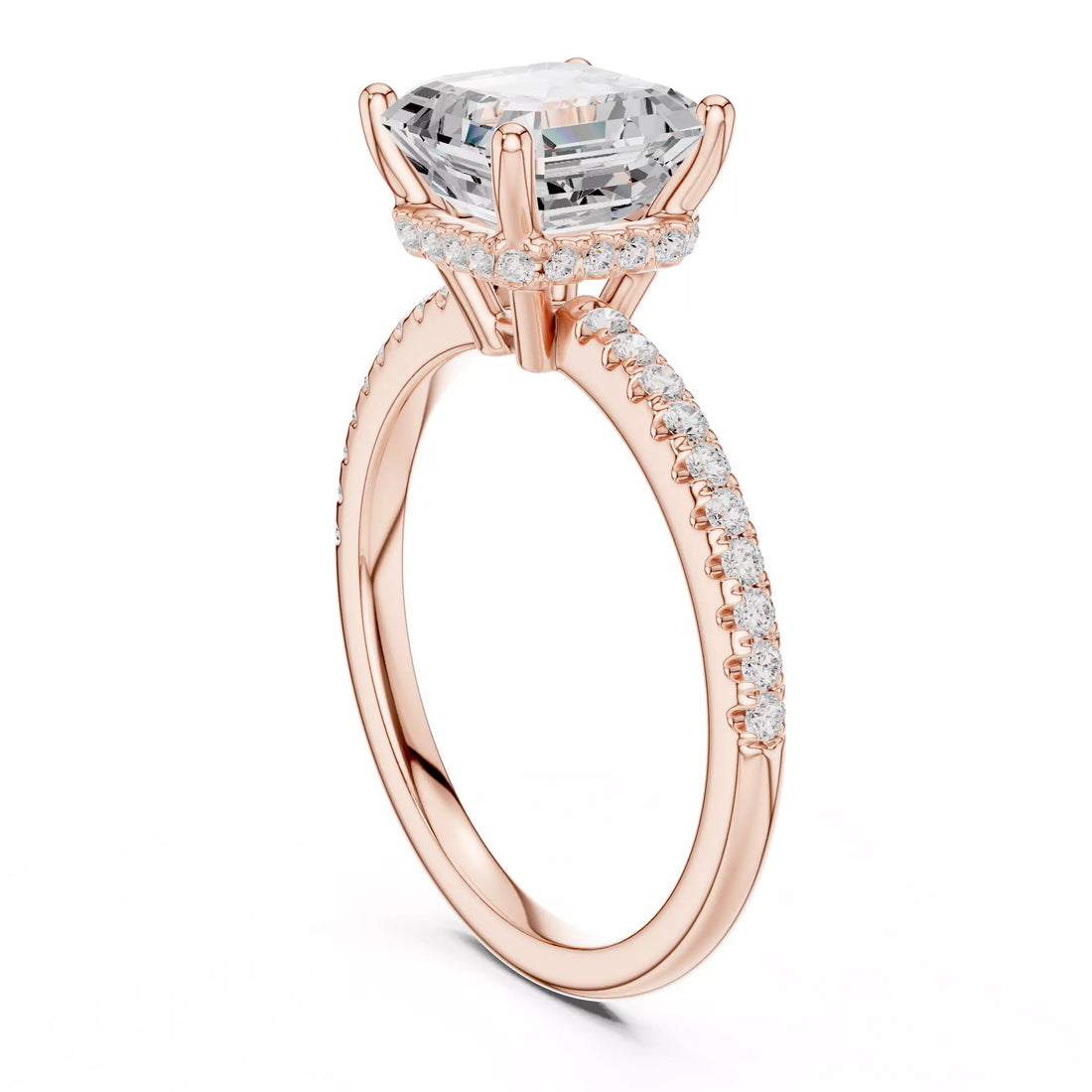 Asscher cut Diamond Engagement Ring Hidden Halo Pave Band