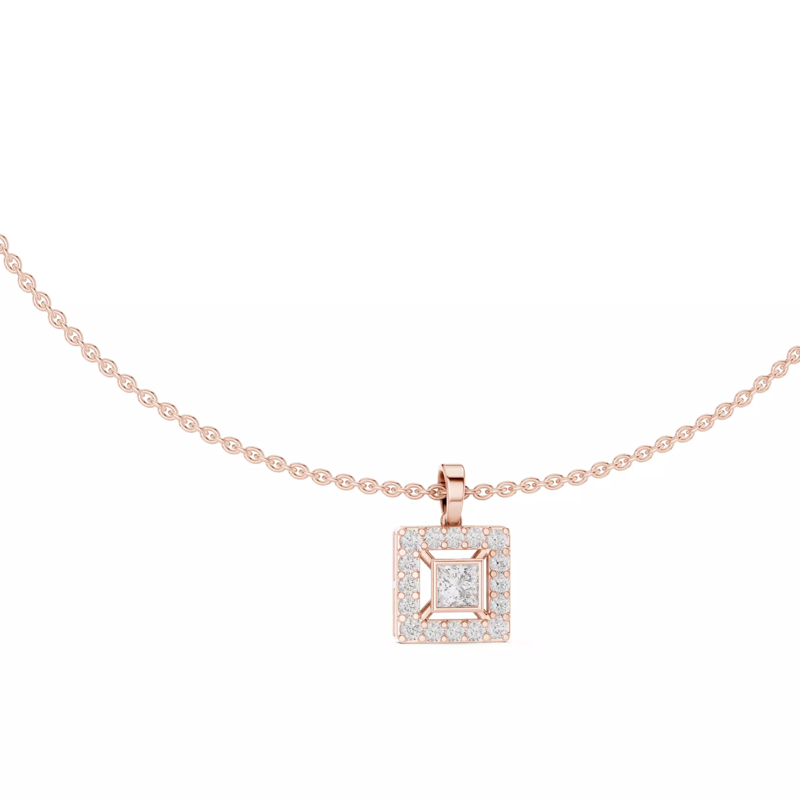 Princess Cut Diamond Halo Pendant Necklace