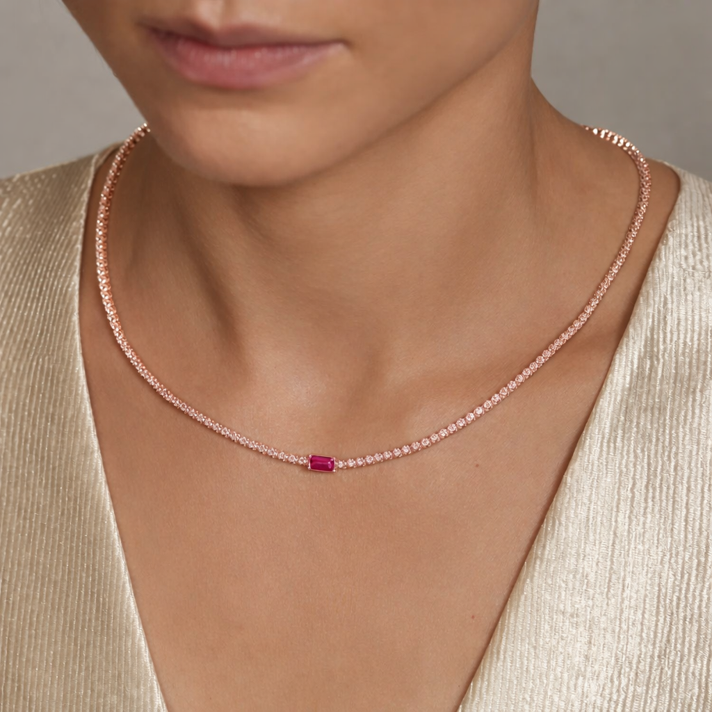 Emerald Ruby Diamond Tennis Necklace