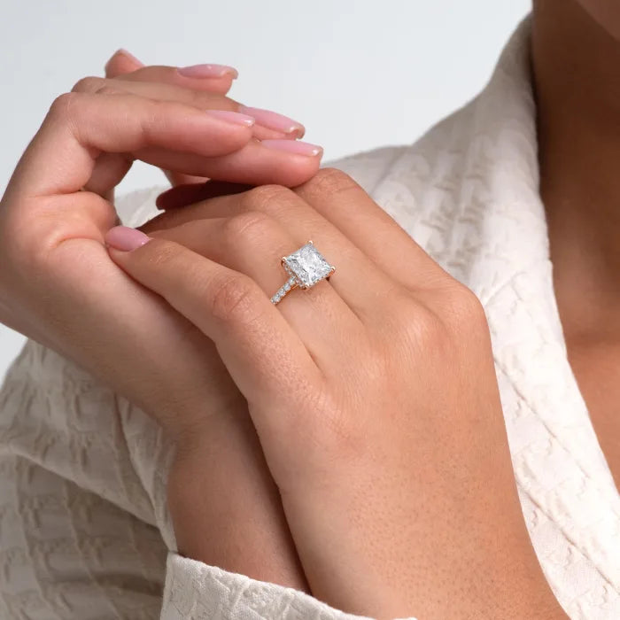 Princess Cut Diamond Cathedral Ring with Hidden Halo Pave Band