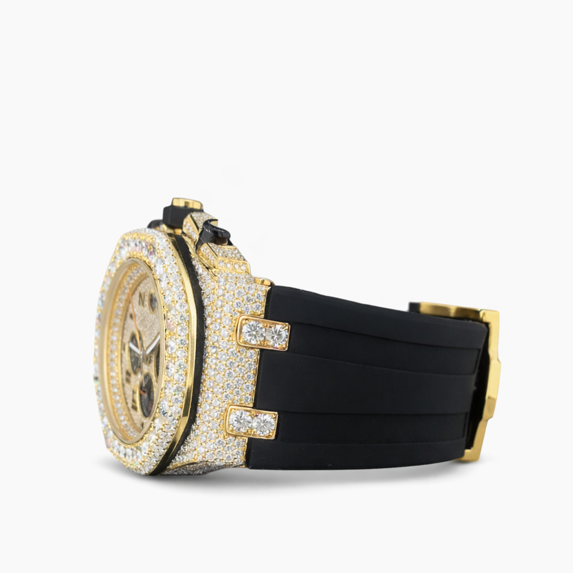 Moissanite Diamond Chronograph Black Belt Strap Rose Gold, Gold Dial Watch