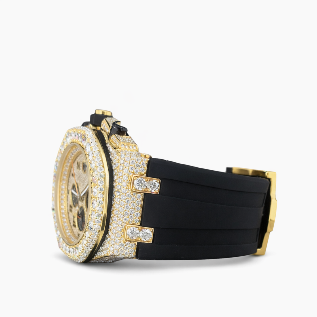 Moissanite Diamond Chronograph Black Belt Strap Rose Gold, Gold Dial Watch