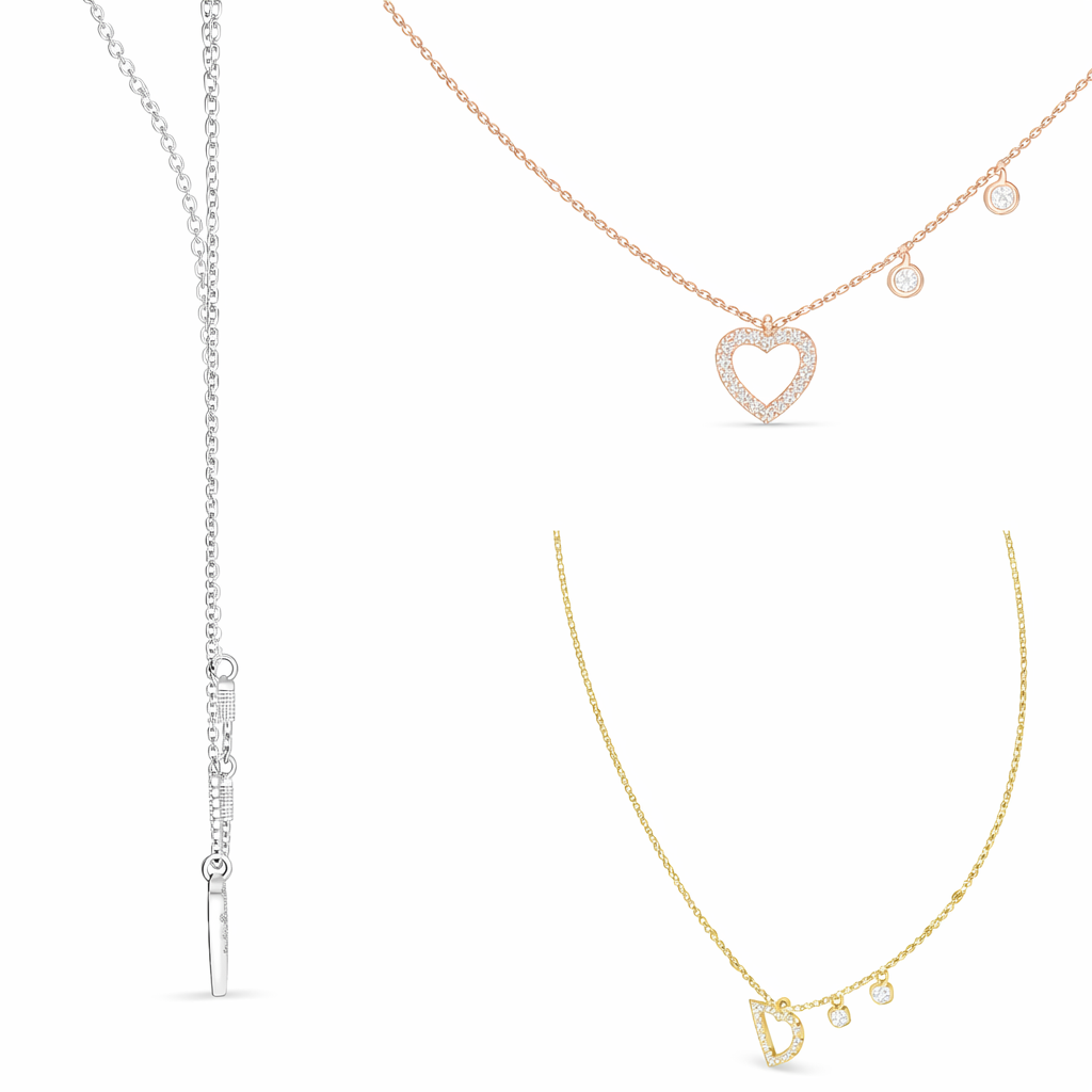 Round Diamond Heart Shape Pendant Necklace With Dangle Charms
