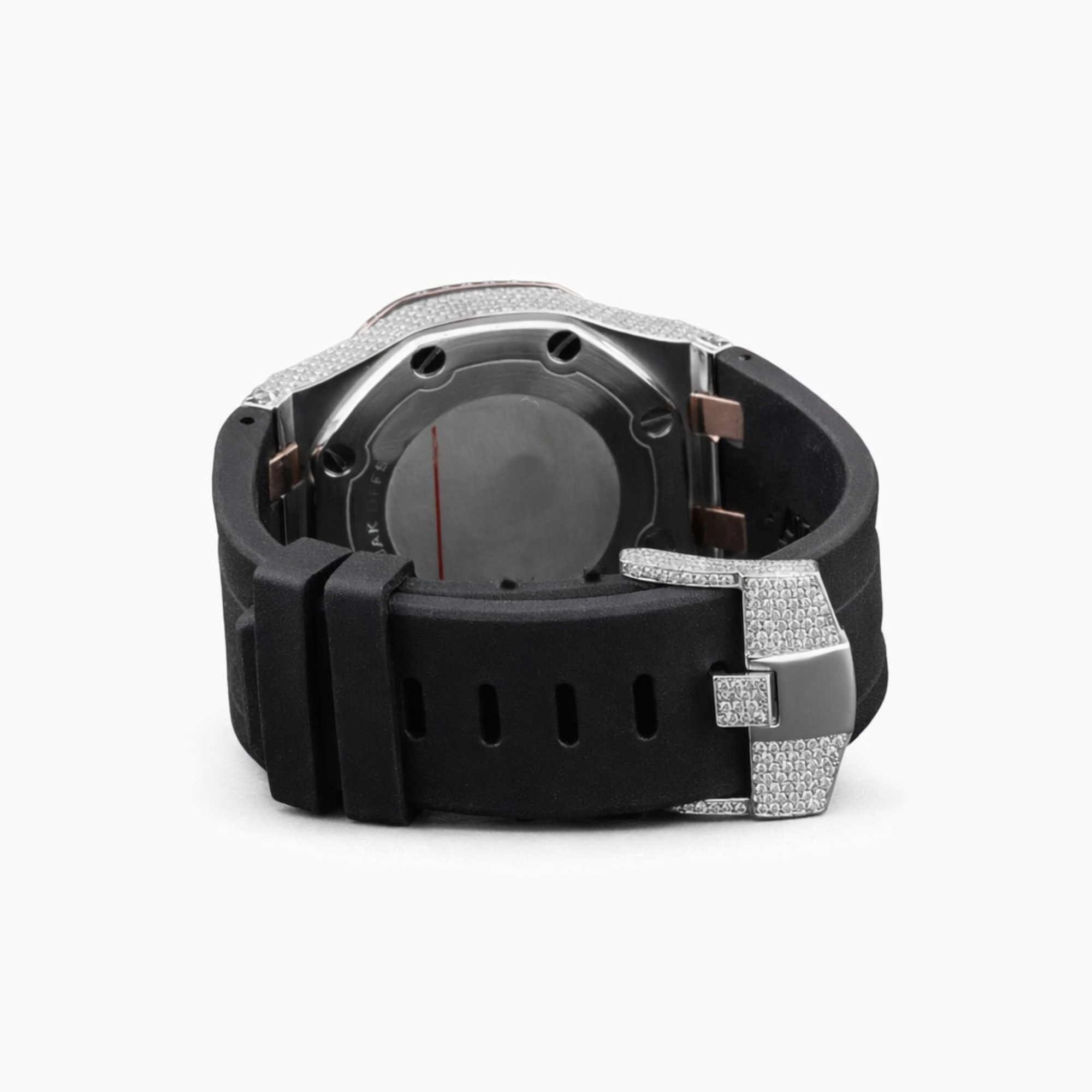 Moissanite Diamond Chronograph Black Belt Strap Rose Gold, Gold Dial Watch