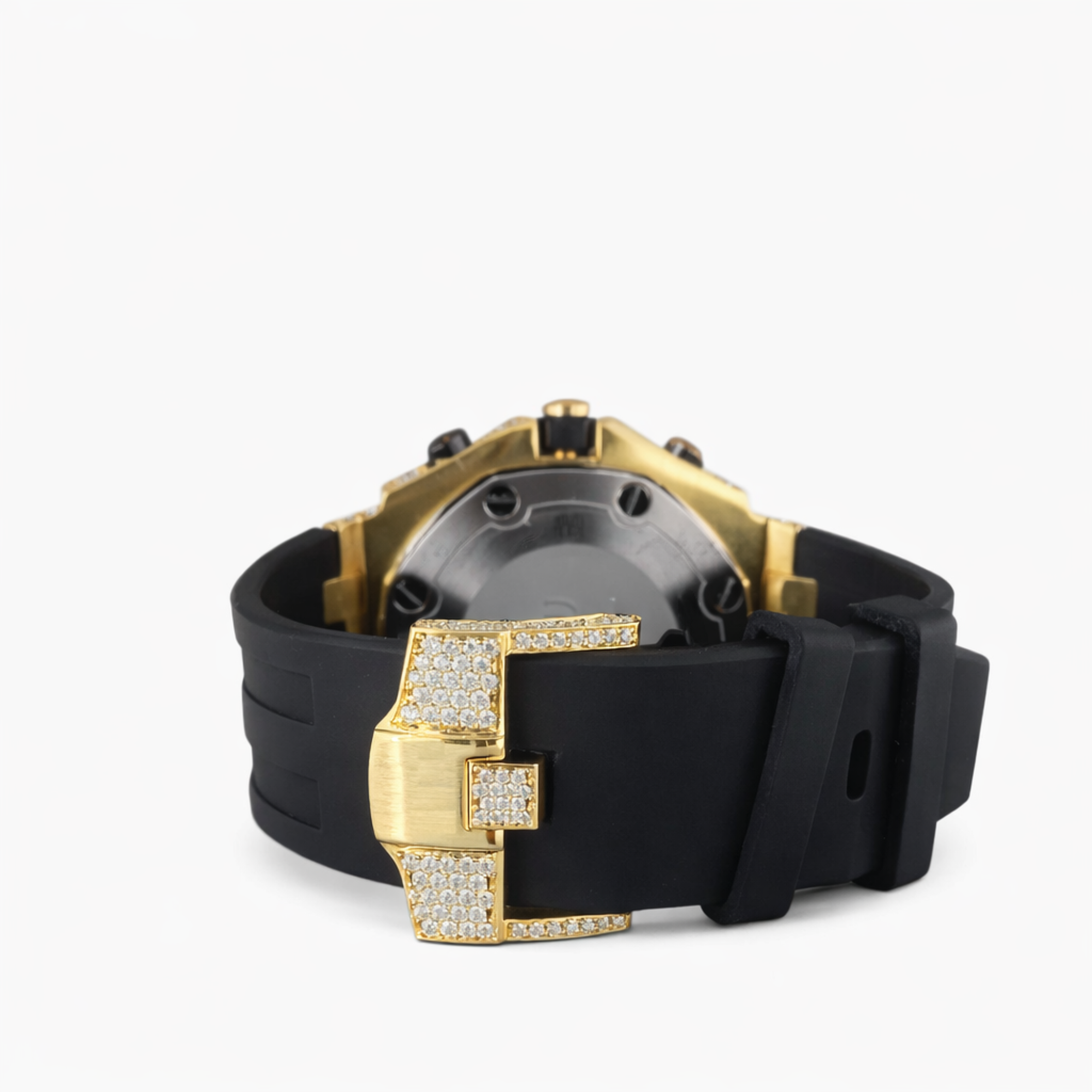 Moissanite Diamond Chronograph Black Belt Strap Rose Gold, Gold Dial Watch