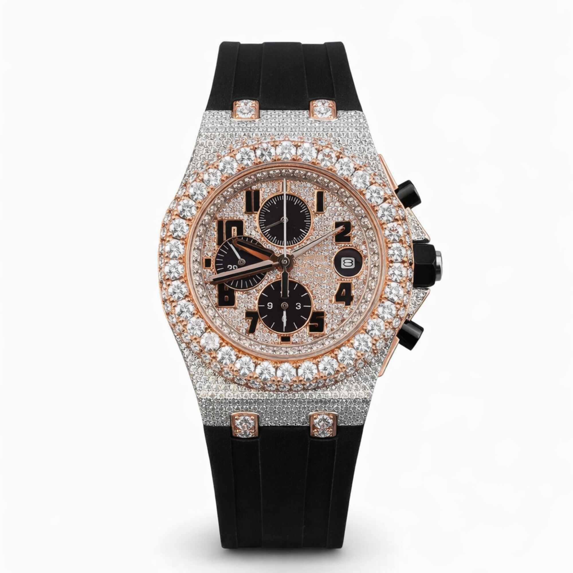 Moissanite Diamond Chronograph Black Belt Strap Rose Gold, Gold Dial Watch