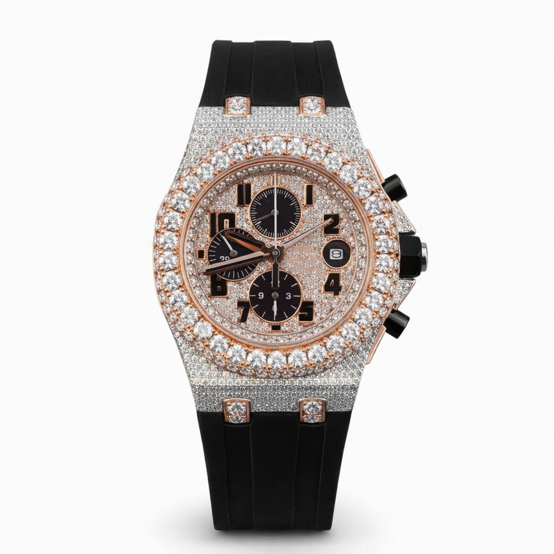 Moissanite Diamond Chronograph Black Belt Strap Rose Gold, Gold Dial Watch