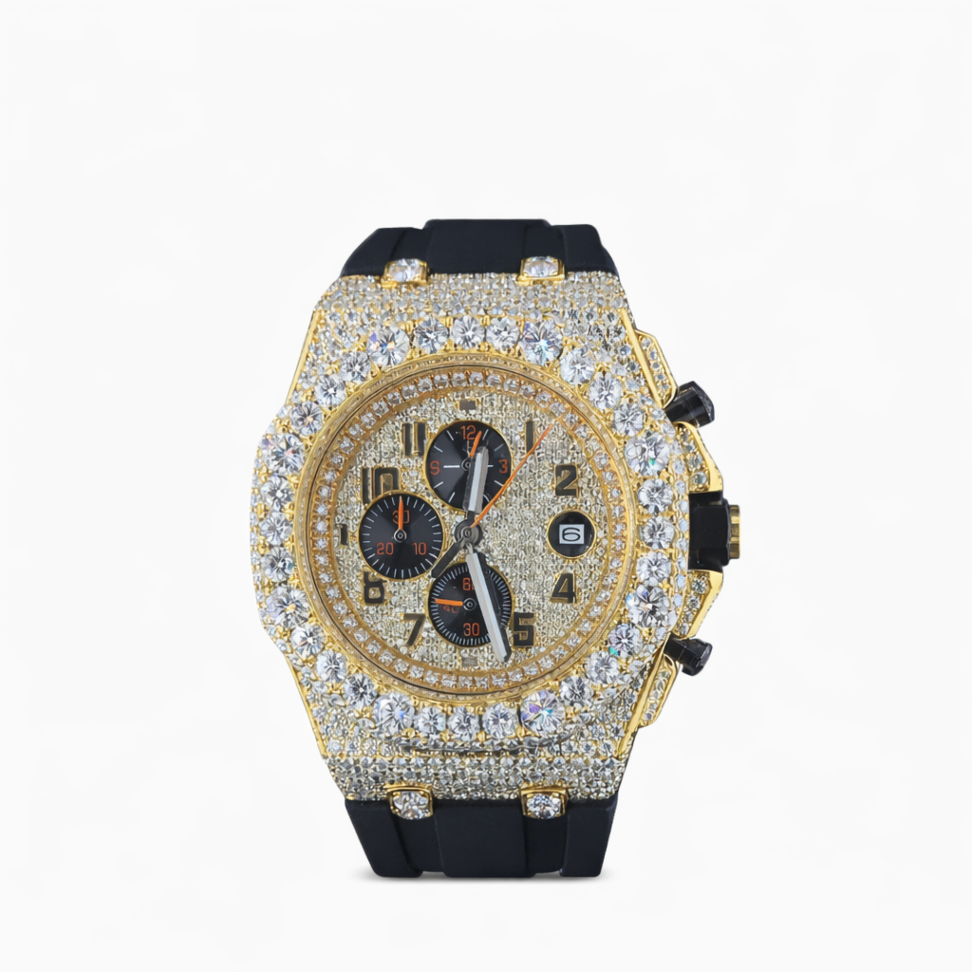 Moissanite Diamond Chronograph Black Belt Strap Rose Gold, Gold Dial Watch