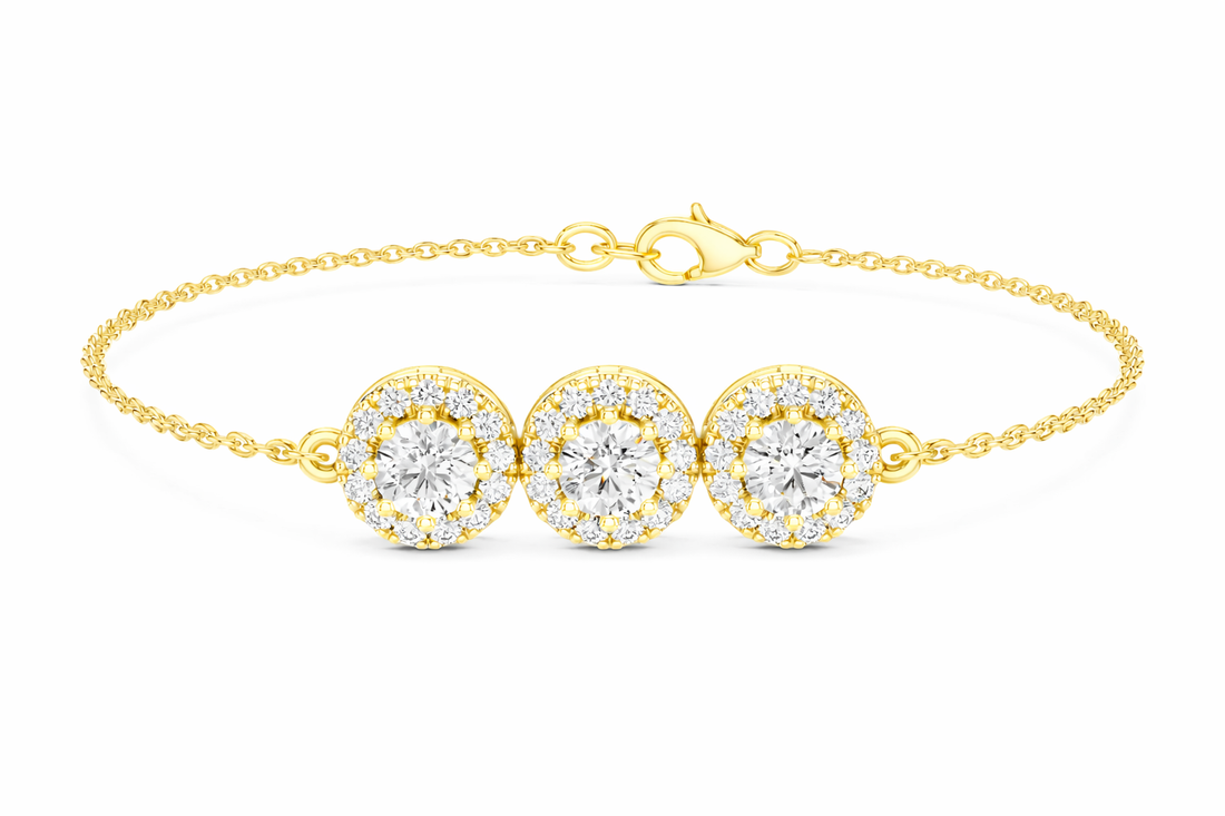 Three Stone Diamond Halo Chain Bracelet