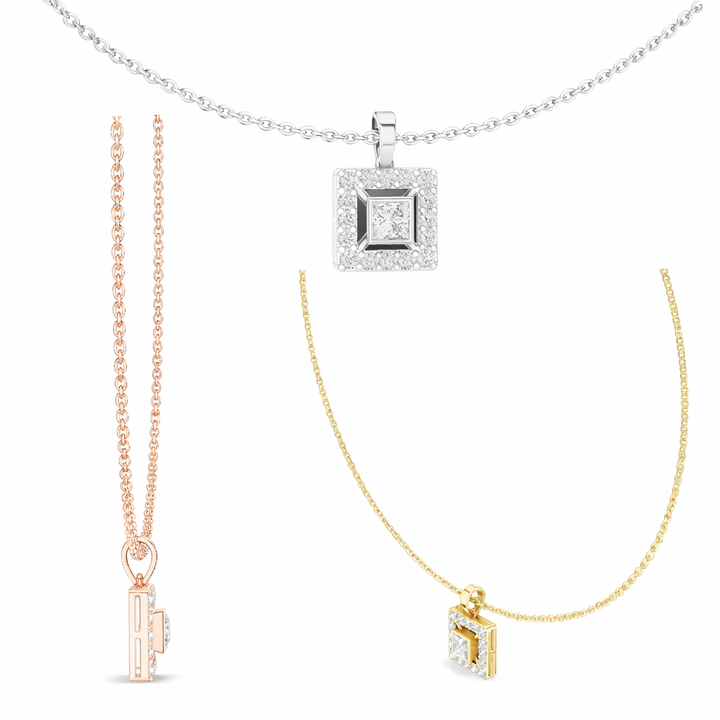 Princess Cut Diamond Halo Pendant Necklace