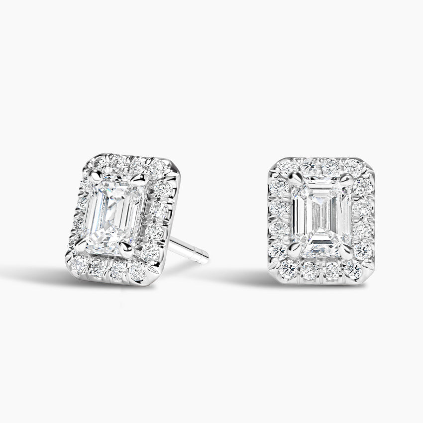 Emerald Cut Halo Diamond Stud Earrings For Women