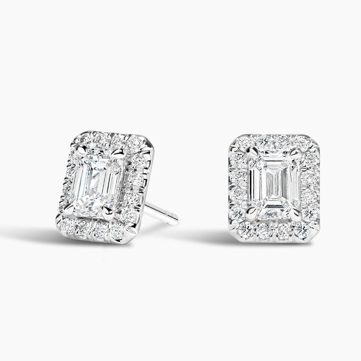 Emerald Cut Halo Diamond Stud Earrings For Women