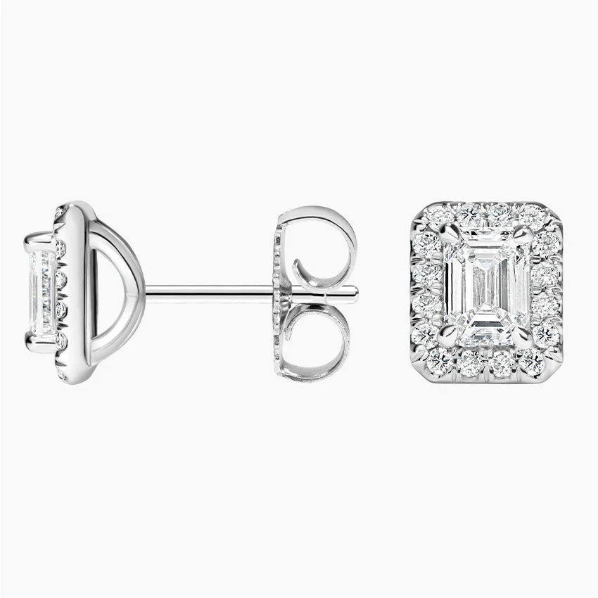 Emerald Cut Halo Diamond Stud Earrings For Women
