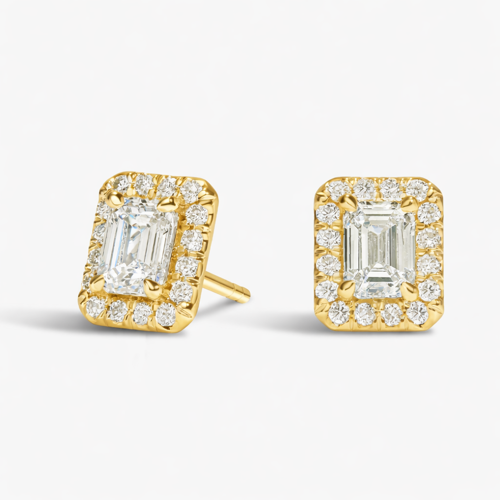 Emerald Cut Halo Diamond Stud Earrings For Women