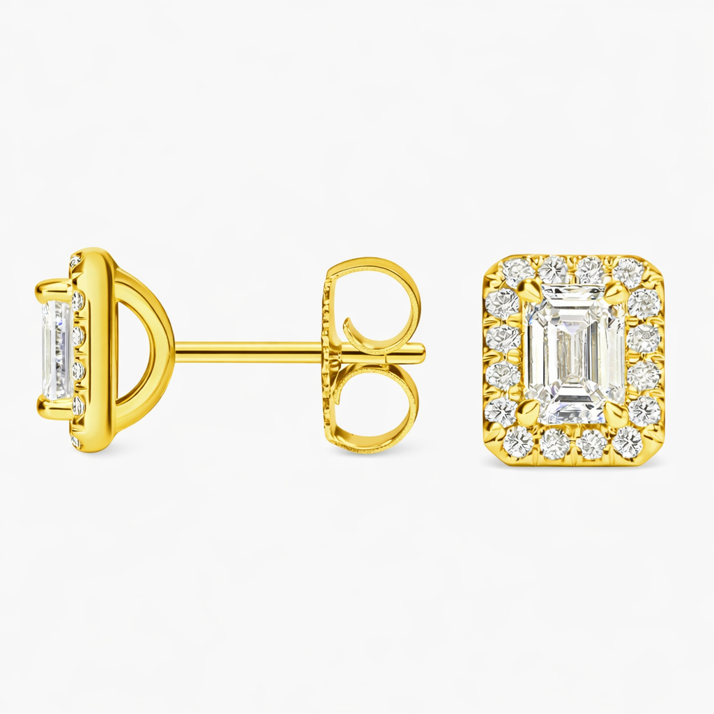 Emerald Cut Halo Diamond Stud Earrings For Women