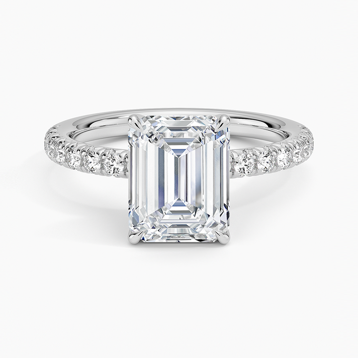 emerald cut moissanite pave engagement ring in 14k gold
