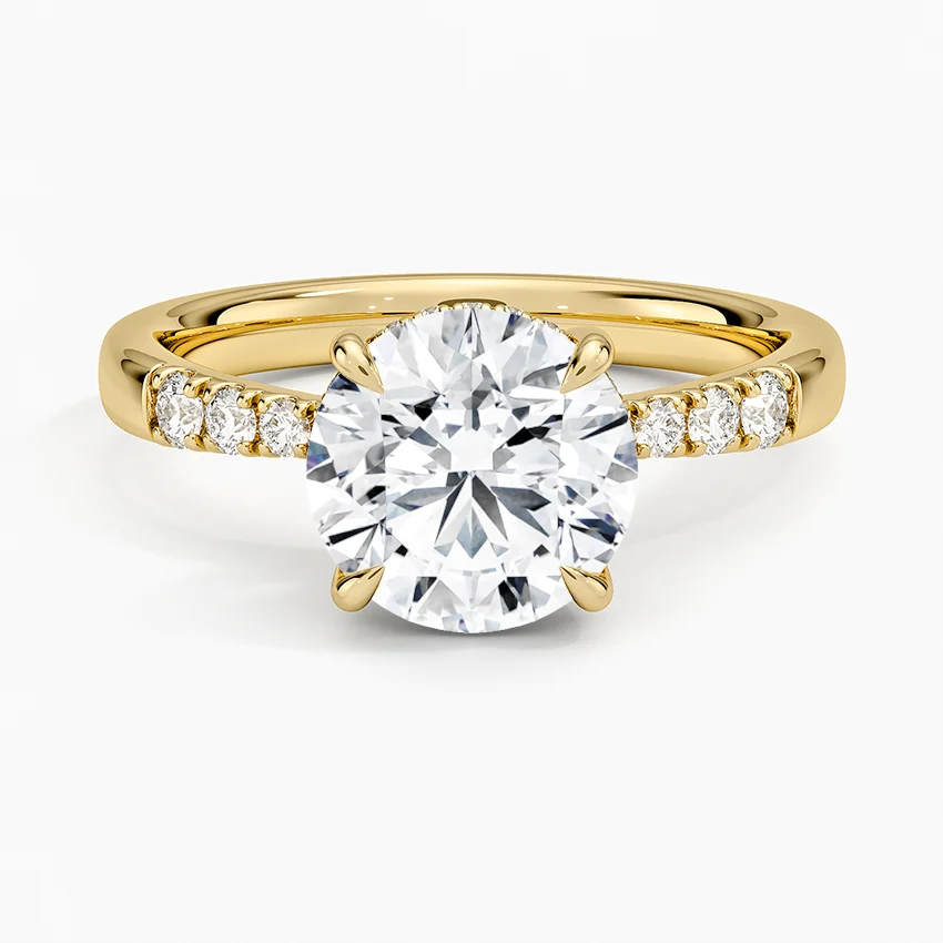 Round Cut Diamond Engagement Ring, 6 Prong Solitaire Ring with Pavé Band, Minimalist Bridal Ring