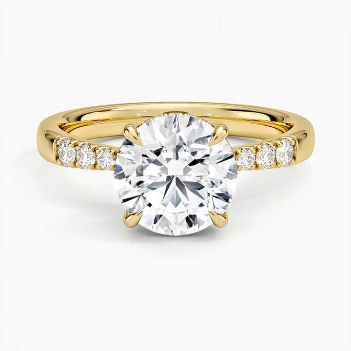 Round Cut Diamond Engagement Ring, 6 Prong Solitaire Ring with Pavé Band, Minimalist Bridal Ring
