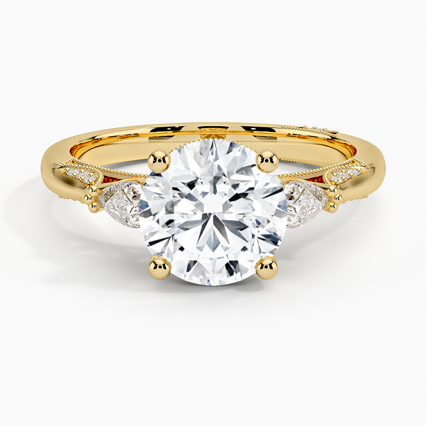 Round Brilliant Cut Diamond Engagement Ring with Pear Side Stones, plit Shank Milgrain Band