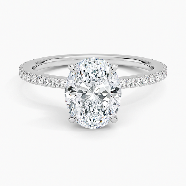 Oval Cut Diamond Engagement Ring, Hidden Halo Pavé Band, Solid Gold Ring