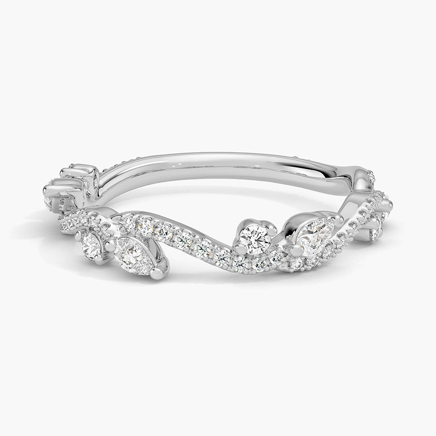 Chevron Diamond Wedding Band, Curved V Shaped Diamond Ring, Marquise & Round Diamond Stacking Ring