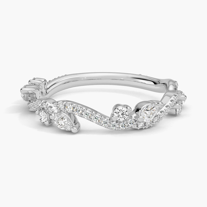 Chevron Diamond Wedding Band, Curved V Shaped Diamond Ring, Marquise & Round Diamond Stacking Ring