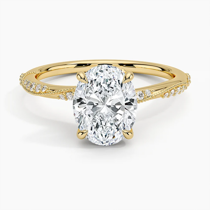 Oval Cut Moissanite Engagement Ring, Twisted Pave Diamond Band Ring, Unique Bridal Ring