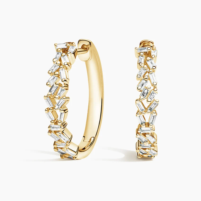 Baguette Diamond Hoop Earrings, Elegant Cluster Diamond Hoops