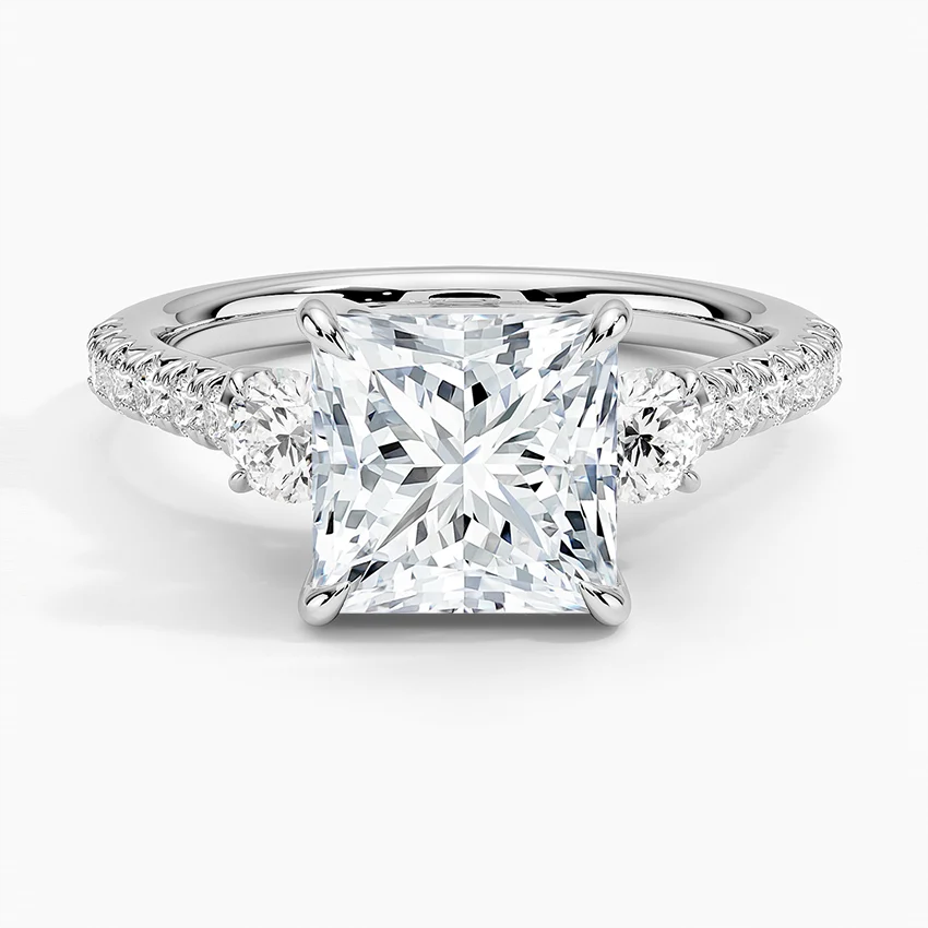 Princess Cut Diamond Engagement Ring, Three Stone Diamond Ring, Pave Band Engagement Ring
