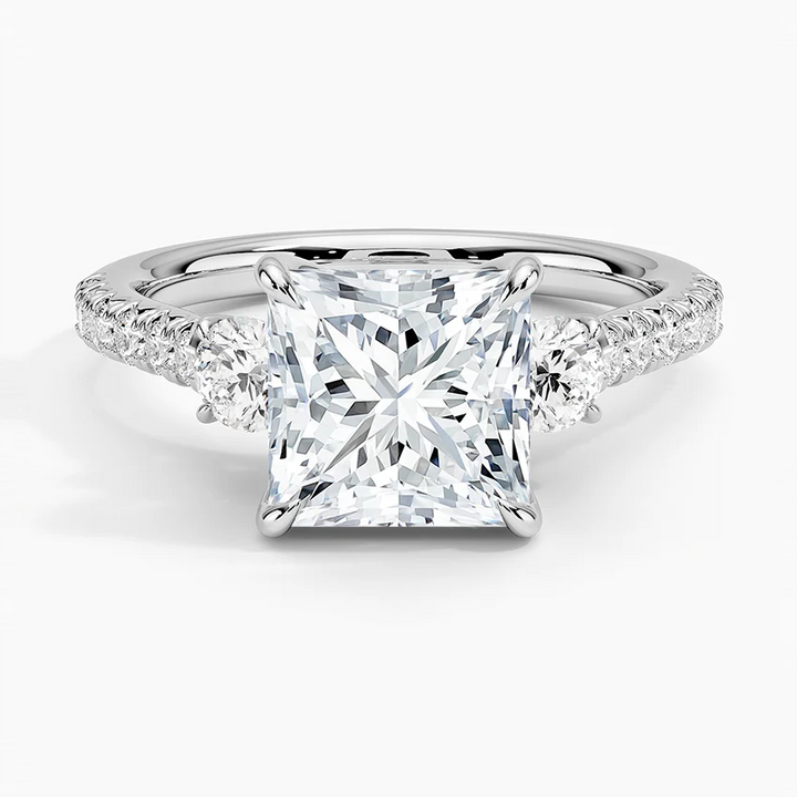 Princess Cut Diamond Engagement Ring, Three Stone Diamond Ring, Pave Band Engagement Ring